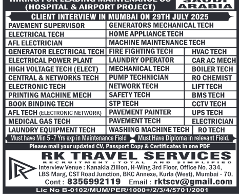 Hiring for Saudi Arabia 🇸🇦 – Leading Hospital & Airport Maintenance Project
