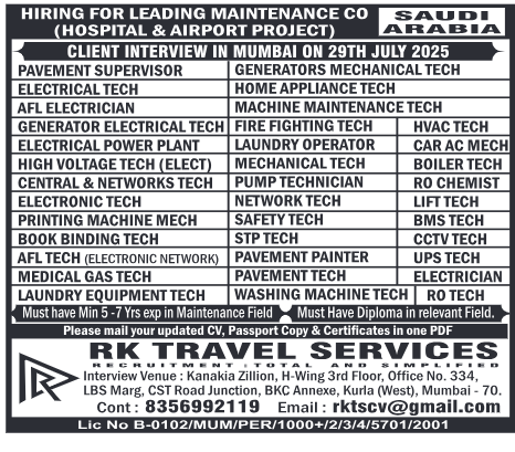 saudi arabia jobs 2025, maintenance technician jobs gulf, hospital maintenance job abroad, airport technical job hiring, HVAC tech Saudi job, RK Travel Services interview, overseas mechanical technician job, electrician jobs in Saudi, Mumbai interview gulf hiring