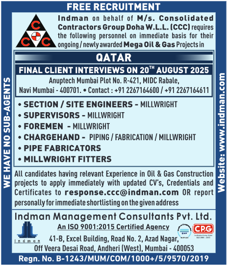 Qatar jobs, free recruitment Qatar, oil & gas jobs Qatar, CCC group jobs, Indman jobs Qatar, millwright jobs Qatar, piping fabrication jobs Qatar, engineers jobs Qatar,gcc, jobs, gccjobs,nas4gulf, nas4gulfjobs,assignment, assignments, abroad, times, assignmentabroadtimes,latestjobs,gulfjobs,saudijobs,qatarjobs,dubaijobs,omanjobs,bahrainjobs,kuwaitjobs, Today Assignment Abroad Times, assignmentgulftimes, Assignments Gulf Times, assignmentsgulftimes,
