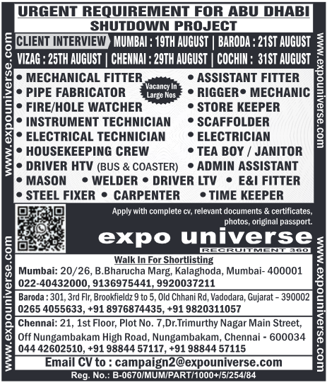 Abu Dhabi shutdown jobs, expouniverse jobs, urgent requirement Abu Dhabi, shutdown project UAE jobs, mechanical fitter jobs Abu Dhabi, welder jobs UAE, scaffolder Abu Dhabi jobs, oil & gas jobs UAE,gcc, jobs, gccjobs,nas4gulf, nas4gulfjobs,assignment, assignments, abroad, times, assignmentabroadtimes,latestjobs,gulfjobs,saudijobs,qatarjobs,dubaijobs,omanjobs,bahrainjobs,kuwaitjobs, Today Assignment Abroad Times, assignmentgulftimes, Assignments Gulf Times, assignmentsgulftimes,