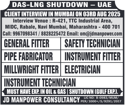 LNG Shutdown Jobs, UAE Oil & Gas Careers, Shutdown Technician Jobs, Pipe Fabricator, Instrument Fitter, Millwright, Gulf Experience, JD Manpower,gcc, jobs, gccjobs,nas4gulf, nas4gulfjobs,assignment, assignments, abroad, times, assignmentabroadtimes,latestjobs,gulfjobs,saudijobs,qatarjobs,dubaijobs,omanjobs,bahrainjobs,kuwaitjobs, Today Assignment Abroad Times, assignmentgulftimes, Assignments Gulf Times, assignmentsgulftimes,