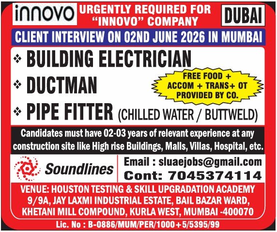 🌟 Urgent Hiring: Building Electrician, Ductman & Pipe Fitter Jobs in Dubai | Innovo Company Walk-in Interviews in Mumbai