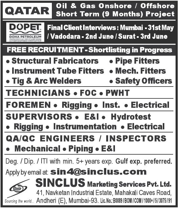 🇶🇦 Qatar Oil & Gas Jobs: DOPET Short-Term Project | Free Recruitment for 9 Months (Mumbai, Vadodara, Surat)