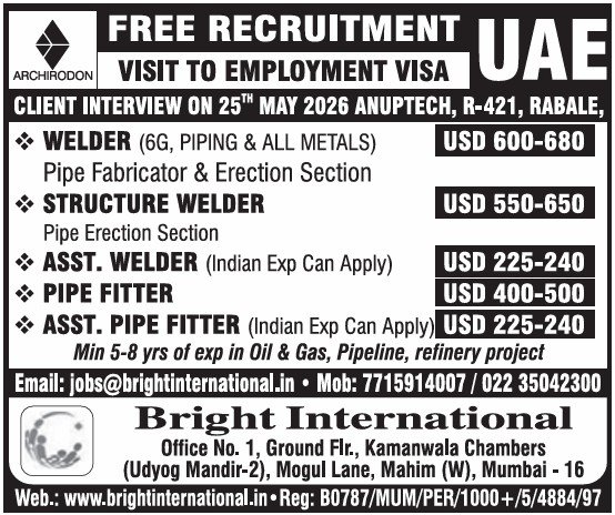 Free Recruitment UAE: Urgent Hiring for Welders & Pipe Fitters | Walk-in Interview May 25, 2026