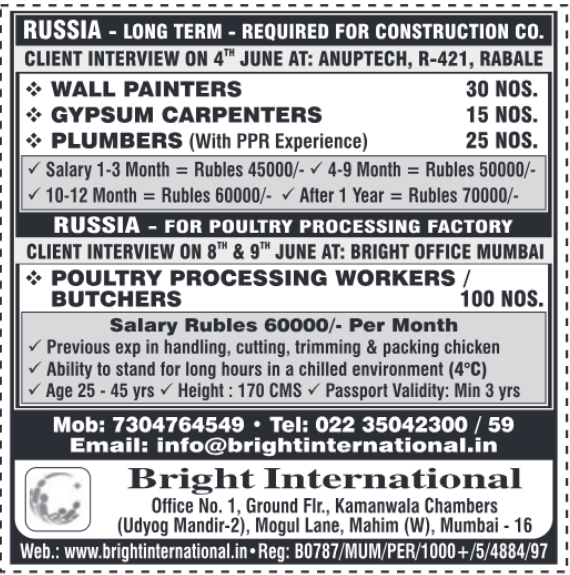 Urgent Russia Jobs 2024: Construction & Poultry Processing | Client Interviews in Mumbai