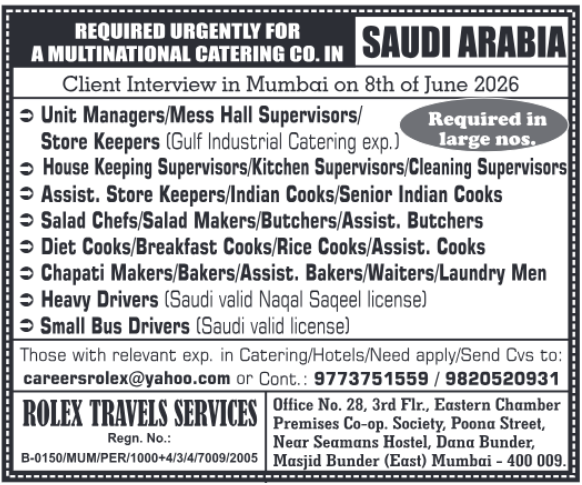 Urgent Hiring: Multinational Catering Co. Jobs in Saudi Arabia - Client Interview Mumbai