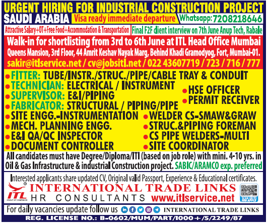Urgent Walk-in Interviews: Industrial Construction Jobs in Saudi Arabia (ITL HR)