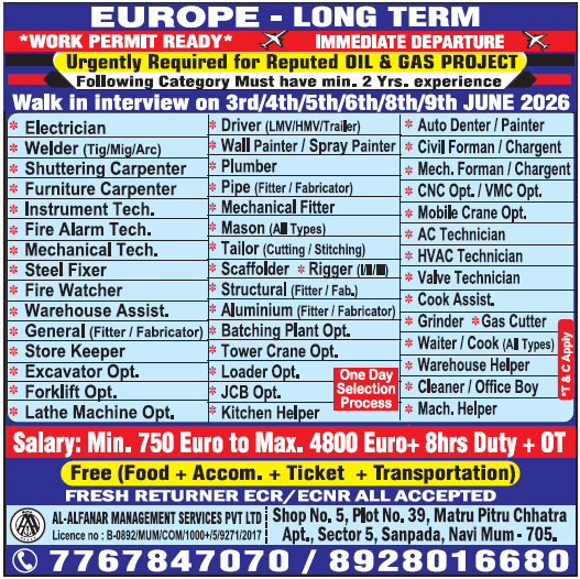 Urgent Europe Long-Term Oil & Gas Jobs 2026 | Walk-in Interviews Navi Mumbai