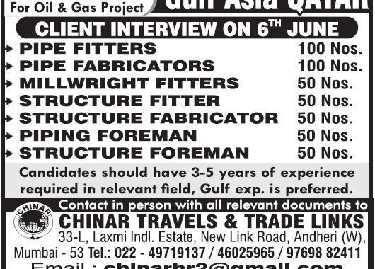 Urgently Required: Oil & Gas Jobs in Qatar – Client Interviews on June 6th | Pipe Fitters, Fabricators & More!