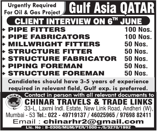 Urgently Required: Oil & Gas Jobs in Qatar - Client Interviews on June 6th | Pipe Fitters, Fabricators & More!