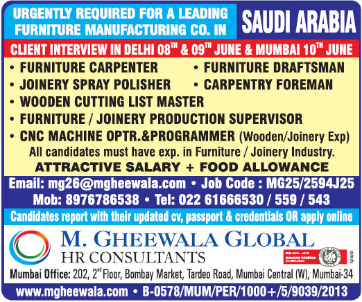 Urgent Hiring: Furniture & Joinery Manufacturing Jobs in Saudi Arabia (Client Interview Delhi & Mumbai)