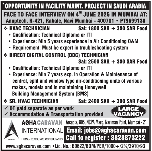 Walk-in Interview: HVAC, DDC & Facility Maintenance Technician Jobs in Saudi Arabia 2026 - Agha Caravan International