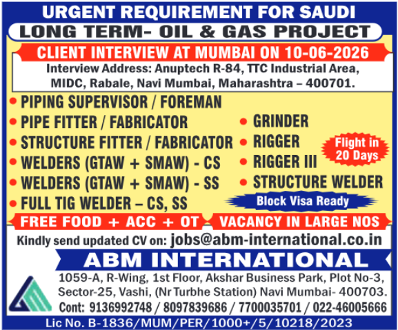 Saudi Arabia Oil & Gas Jobs 2026: Urgent Hiring in Mumbai for Long-Term Project | ABM International