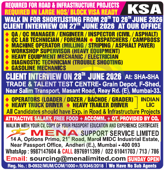 KSA Road & Infrastructure Projects Jobs 2026 | Walk-in Interviews Mumbai for QA/QC, Operators & Drivers