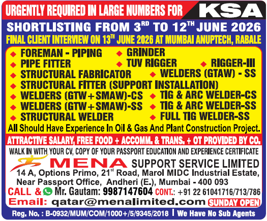 Urgent KSA Jobs 2026: Walk-in Interviews for Oil & Gas and Plant Construction Professionals | MENA Support Service