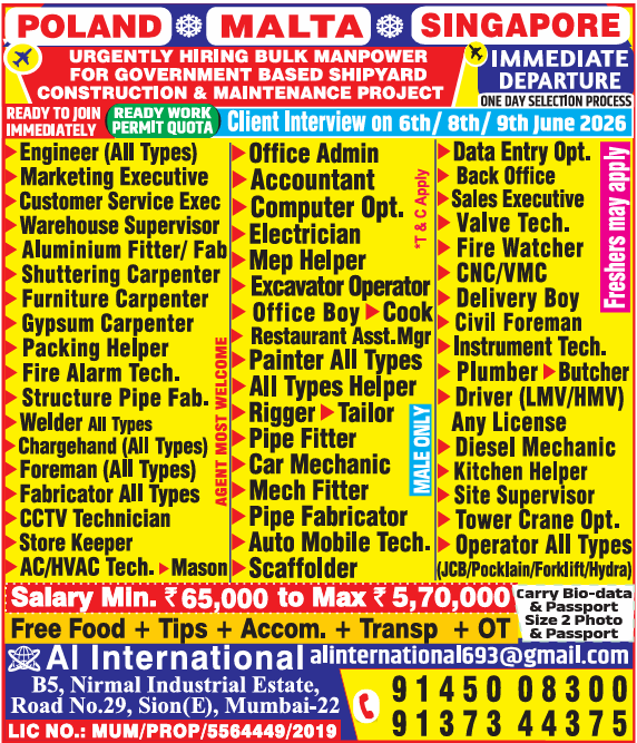 Urgent Manpower Recruitment: Poland, Malta, Singapore – Shipyard & Construction Projects 2026