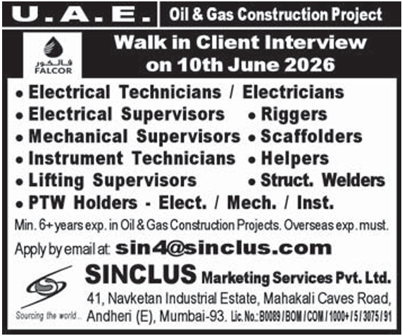 Walk-in Interview: UAE Oil & Gas Construction Project Jobs 2026 | Falcor & Sinclus Recruitment