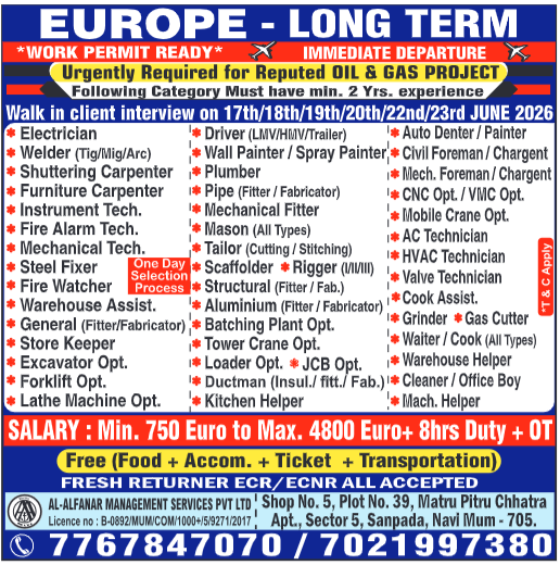 Europe Long-Term Oil & Gas Project Jobs 2026 | Walk-in Interviews