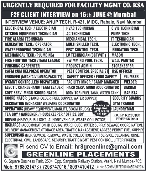 Urgent Client Interview: Facility Management Jobs in KSA (Saudi Arabia) - Mumbai Recruitment