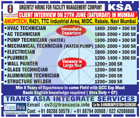 Urgently Hiring: Facility Management Technicians for KSA - Client Interview in Mumbai | Trans Asia Services