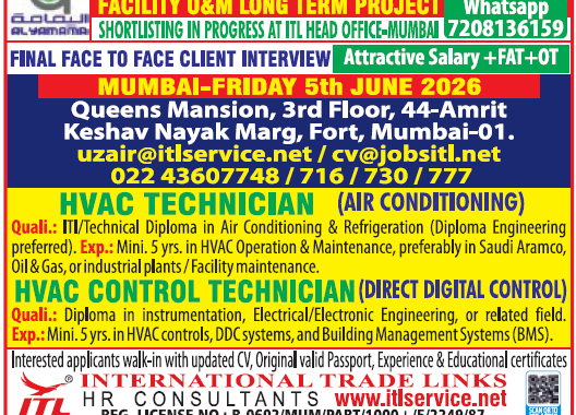 Urgent: HVAC & Control Technician Jobs in Saudi Arabia | Walk-in Interview Mumbai – June 5, 2026