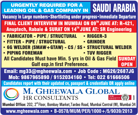 URGENT Oil & Gas Jobs in Saudi Arabia | Client Interviews in Mumbai & Surat for Fabricators, Welders, Riggers & More