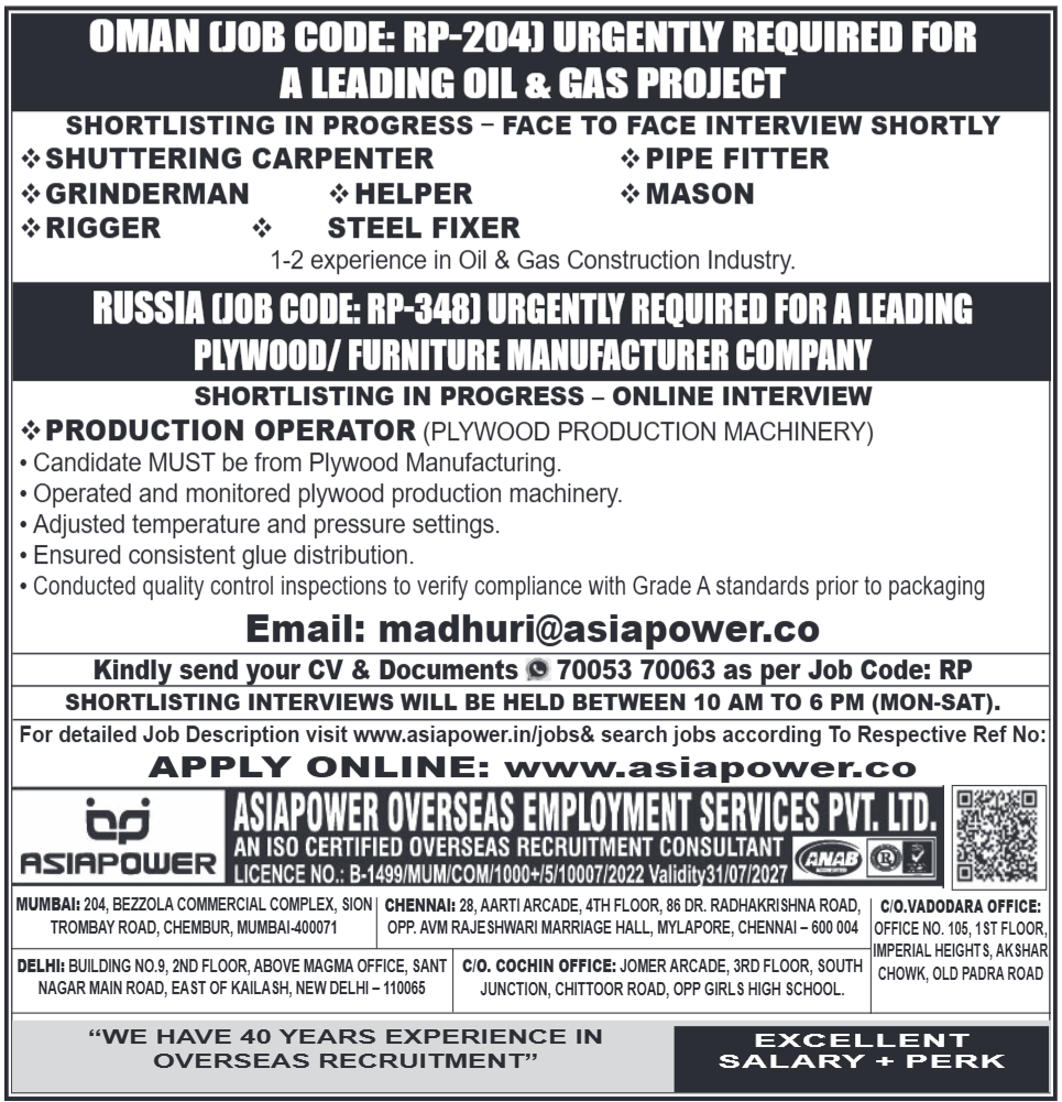 Urgent Overseas Jobs: Oman Oil & Gas (RP-204) & Russia Plywood (RP-348) - Apply Now with Asiapower