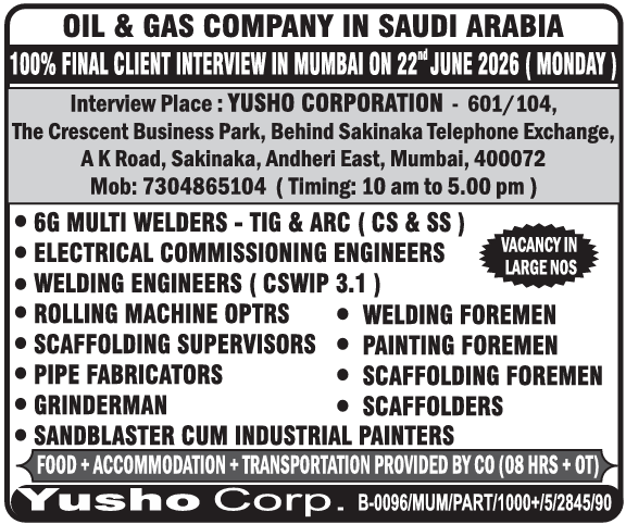 Urgent Oil & Gas Jobs in Saudi Arabia | Client Interview Mumbai - June 22, 2026 | Welders, Engineers, Foremen & More