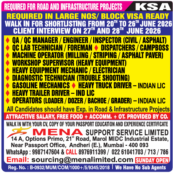 KSA Road & Infrastructure Projects Jobs 2026: Walk-in Interviews for Block Visa Roles