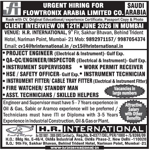 Urgent Hiring: Flowtronix Arabia Limited Co. Jobs in Saudi Arabia | Client Interviews in Mumbai 2026