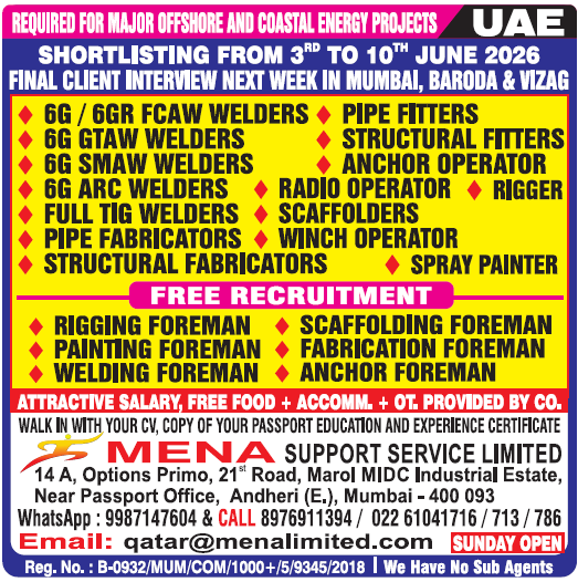 UAE Offshore & Coastal Energy Jobs 2026 | Free Recruitment via MENA Support Service