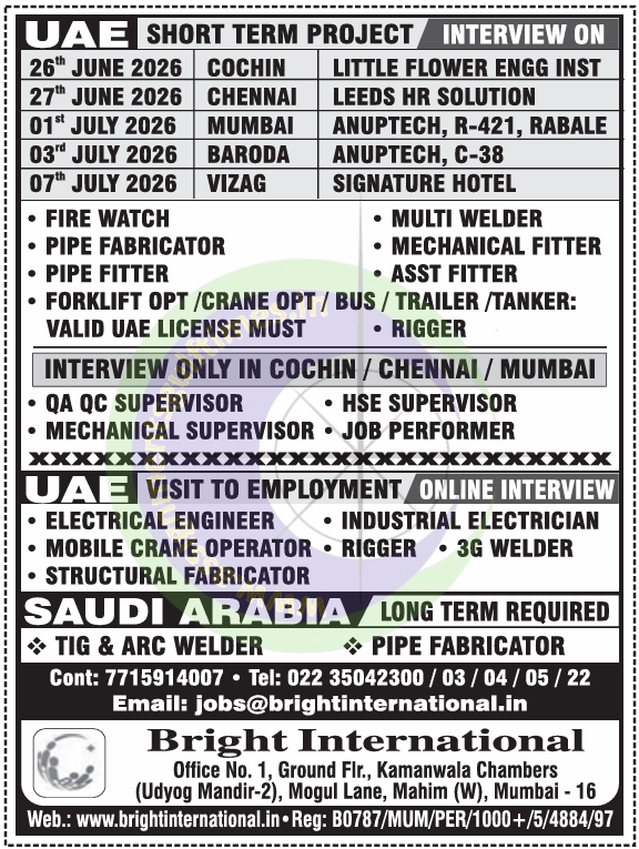 🔥 Urgent Hiring: UAE & Saudi Arabia Gulf Jobs 2026 | Walk-in Interviews & Online Recruitment by Bright International