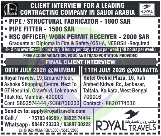 Urgent Overseas Jobs Saudi Arabia: Pipe Fabricator, Fitter, HSC Officer Vacancies | Client Interviews Mumbai & Kolkata