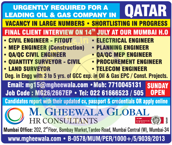 Qatar Oil & Gas Jobs 2024 | Urgent Engineering Vacancies in Leading EPC Company - M. Gheewala Global