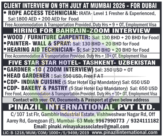 Gulf Jobs 2026: Dubai, Bahrain, Uzbekistan - Technician, Carpenter, Hotel Staff & More | Apply Now!