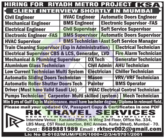 Client Interviews Mumbai: Riyadh Metro Project KSA Jobs 2024 | RK Travel Services Recruitment