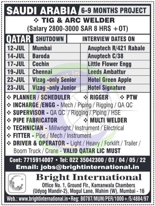 Urgent Gulf Jobs: TIG & ARC Welders, Technicians, Drivers & More for Qatar Shutdown & Saudi Arabia Project by Bright International