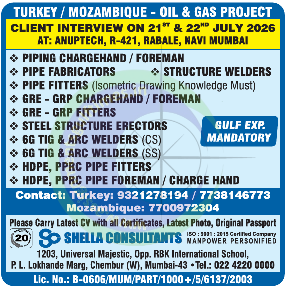 Walk-in Interview: Oil & Gas Project Jobs in Turkey & Mozambique | Shella Consultants Overseas Recruitment