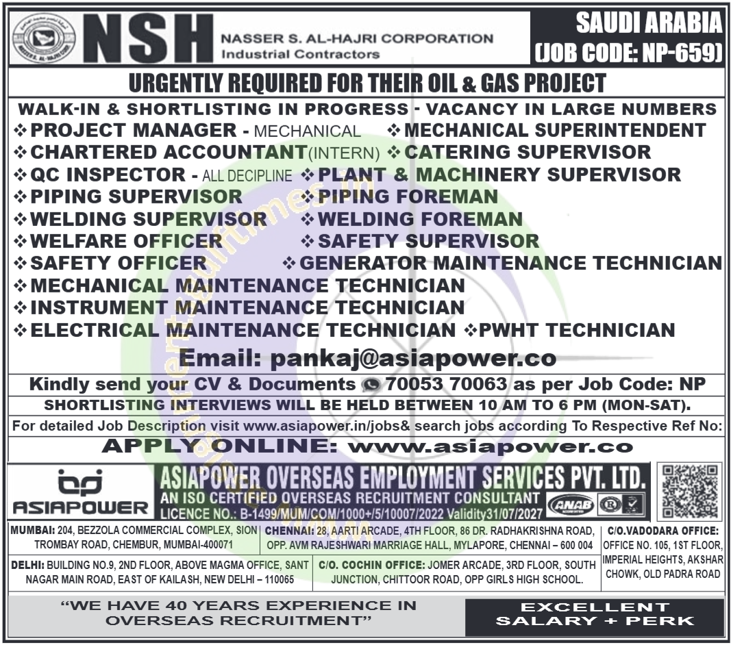 Saudi Arabia Oil & Gas Jobs: NSH Industrial Contractors Urgent Hiring 2024 | Walk-in Interviews
