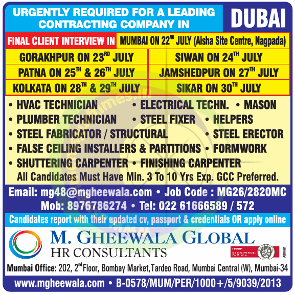 Urgent Dubai Jobs: Final Client Interviews in India for Leading Contracting Company! Apply Now!