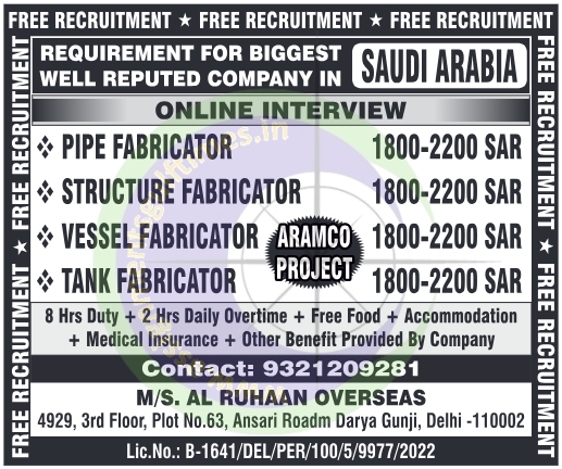 Free Recruitment: Fabricator Jobs in Saudi Arabia for ARAMCO Project | Online Interview