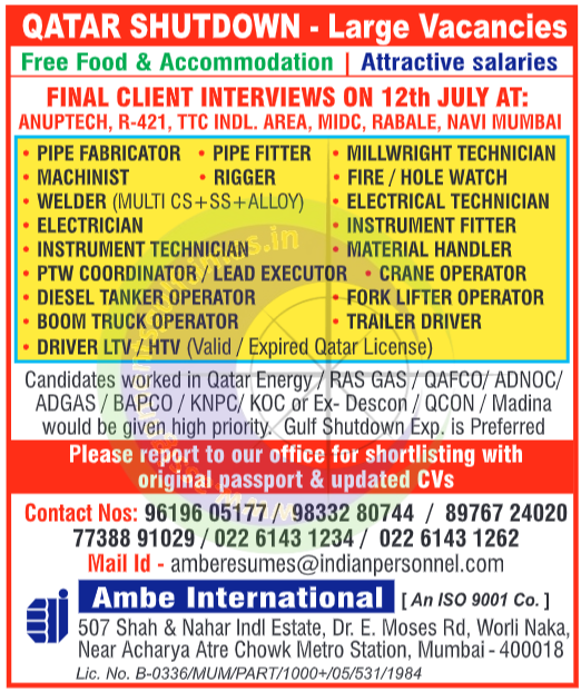 Qatar Shutdown Jobs 2024: Large Vacancies with Free Food & Accommodation | Ambe International Recruitment