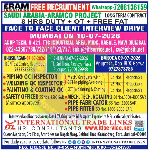 Saudi Aramco Project Jobs 2026 | Free Recruitment Drive by ITL HR Consultants