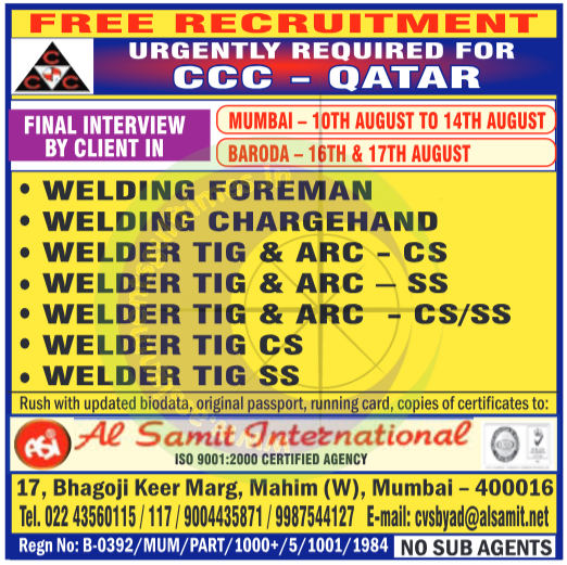 Free Recruitment Qatar Jobs: Urgent Welder & Welding Foreman Interviews (CCC Project)