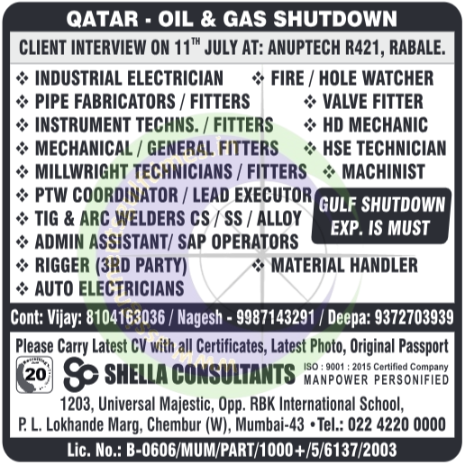 Urgent Qatar Oil & Gas Shutdown Jobs 2024 | Client Interview on July 11th in Mumbai