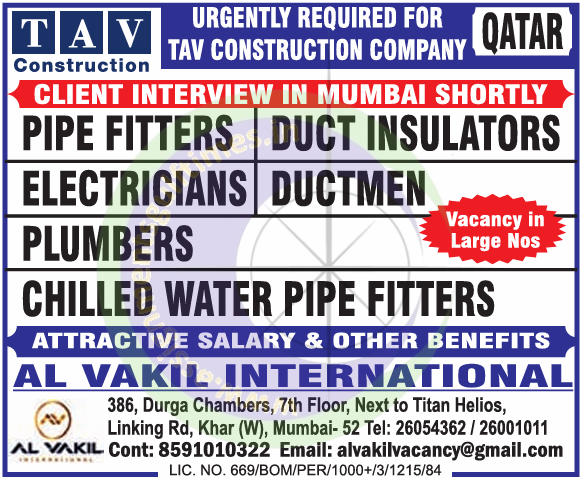 Urgent Hiring for TAV Construction Qatar: Client Interviews in Mumbai for Skilled Trades