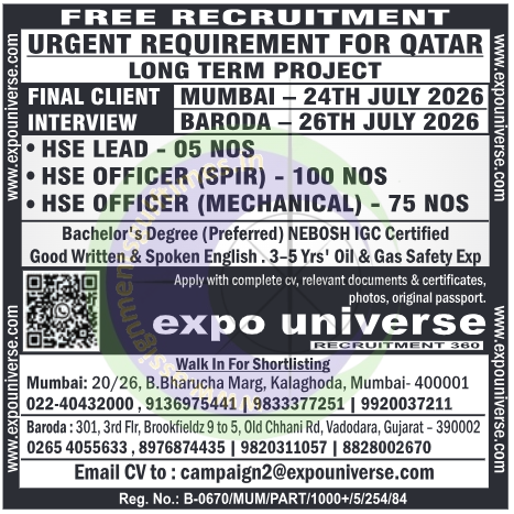 Urgent HSE Jobs Qatar Oil & Gas | Walk-in Interview Mumbai & Baroda | Free Recruitment