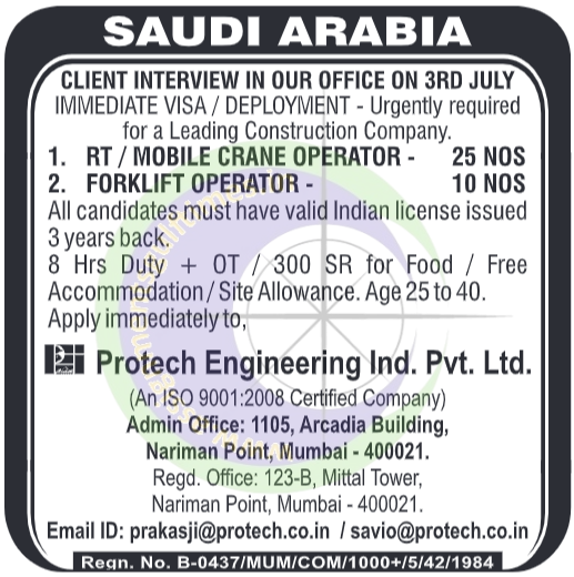 Saudi Arabia Heavy Equipment Operator Jobs 2024: Crane & Forklift Operators | Immediate Visa/Deployment