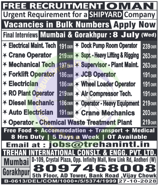 🚢 Urgent FREE Recruitment: Shipyard Jobs in Oman! Bulk Vacancies – Mumbai & Gorakhpur Interviews