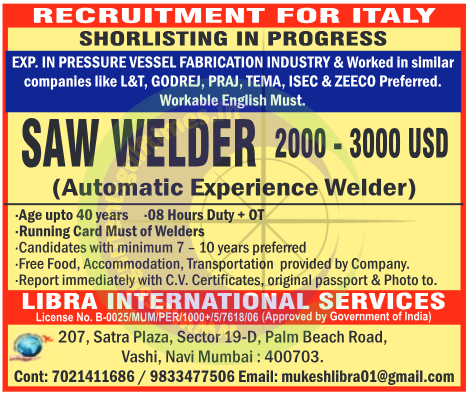 SAW Welder Jobs in Italy 🇮🇹 | High-Paying Fabrication Roles | Apply Now via Libra International